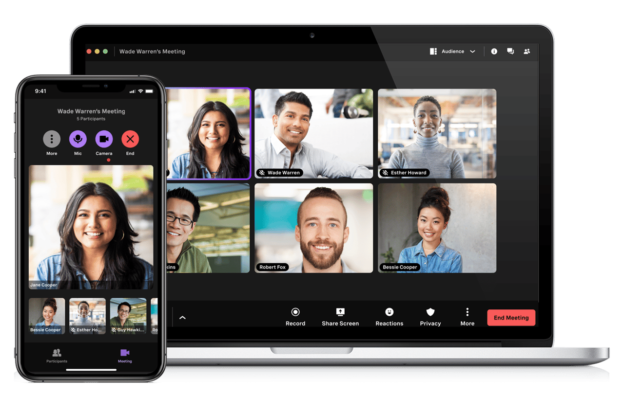 imagen de una mujer utilizando Vonage Meetings con la superposición de la captura de pantalla de los participantes