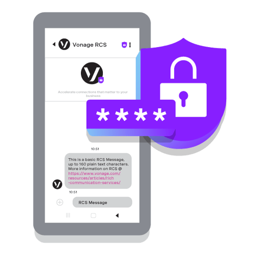 Image of a Rich Communciation Services message on a mobile phone; overlaid on top of the phone is a badge with a lock on it and a bar with 4 asterisks on it indicating that the message is secure